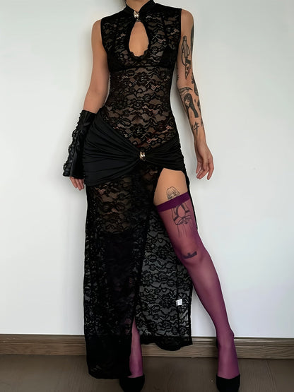 Damen Abendkleid Maxi Elegant mit Spitze und hohem Schlitz, Party & Gala
