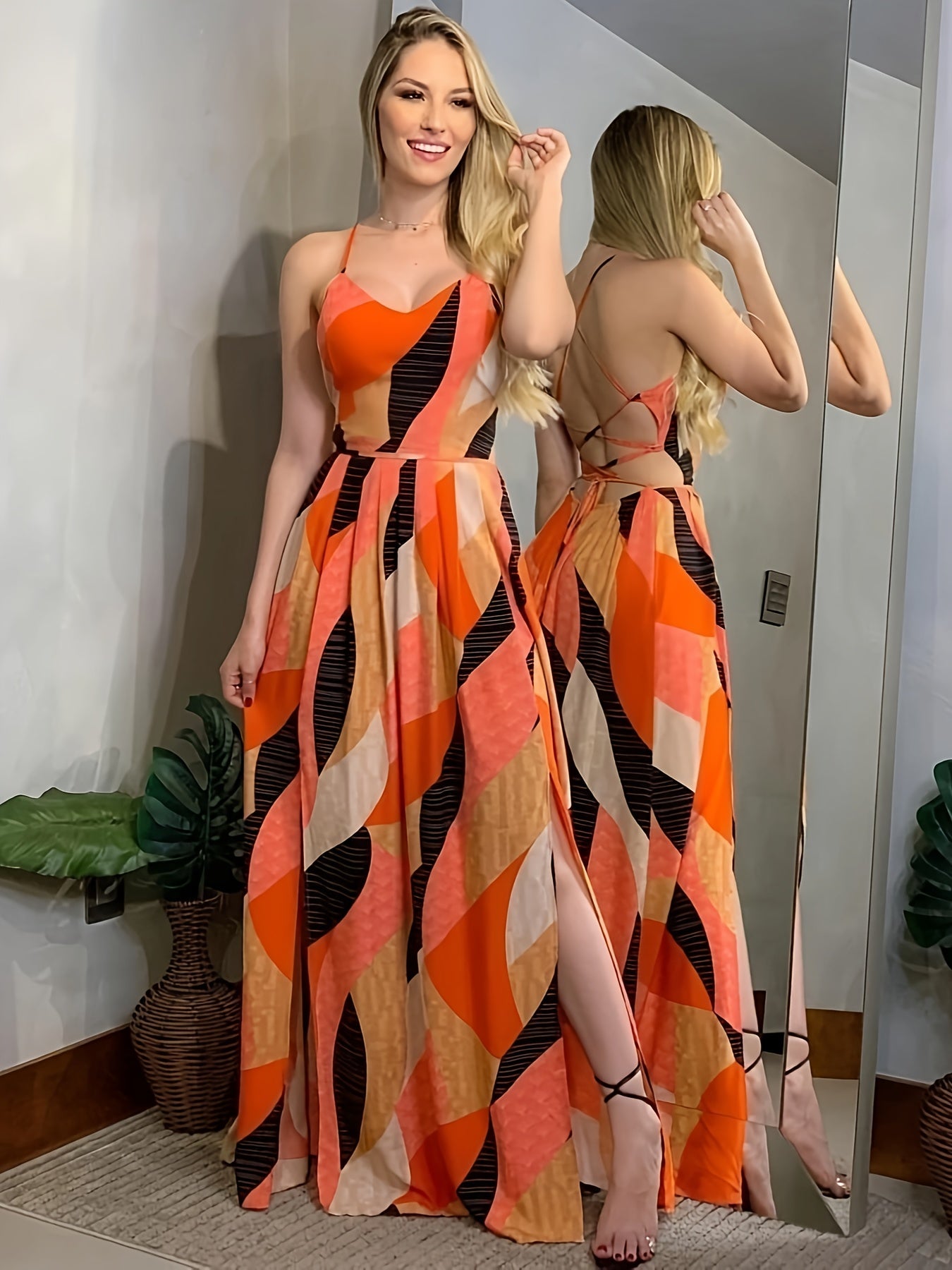 Damen Maxikleid Elegant mit abstraktem Muster und Schlitz – Perfekt für besondere Anlässe