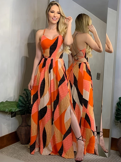 Damen Maxikleid Elegant mit abstraktem Muster und Schlitz – Perfekt für besondere Anlässe