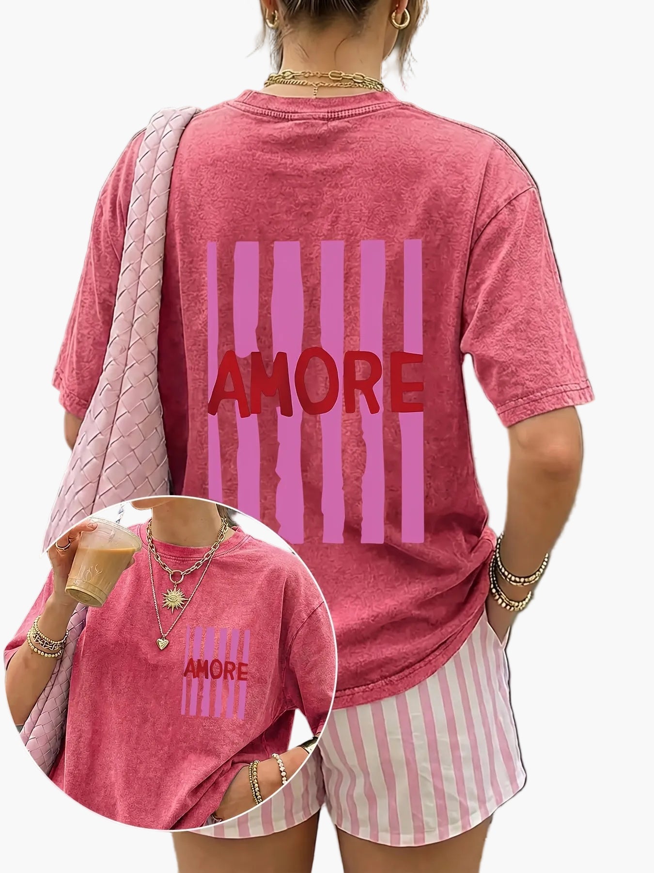 Damen Oversize Casual T-Shirt mit Print und Streifenshorts – Sommer Streetstyle Freizeitoutfit