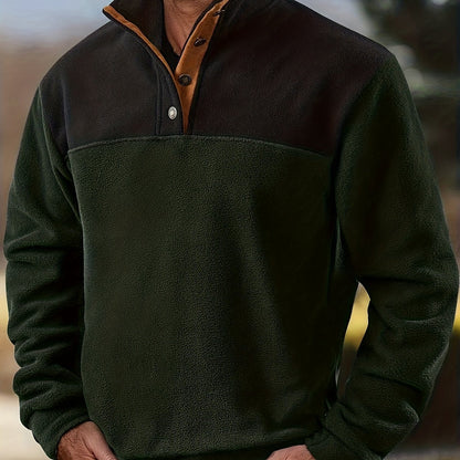 Herren Fleece Pullover Stehkragen Knöpfe Zweifarbig Outdoor
