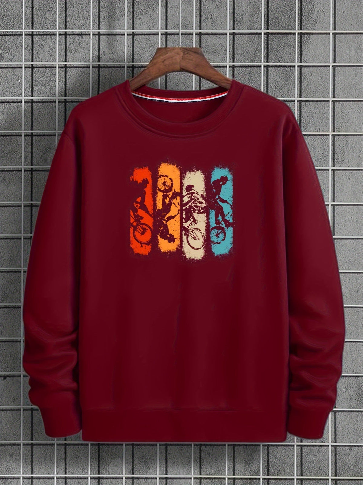 Unisex Sweatshirt Rundhals Langarm mit Fahrradfahrer-Print Mehrfarbig