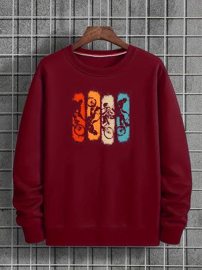 Unisex Sweatshirt Rundhals Langarm mit Fahrradfahrer-Print Mehrfarbig