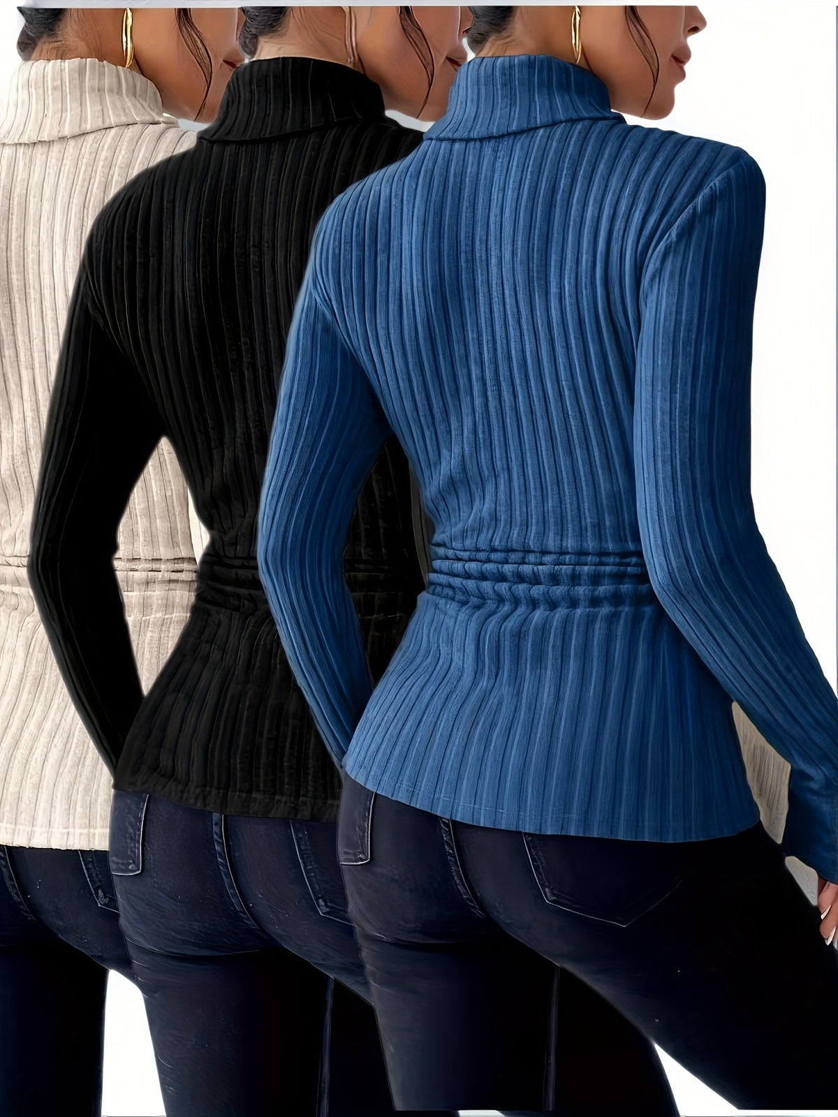 Damen Geripptes Langarm-Shirt mit Rollkragen, Schwarz