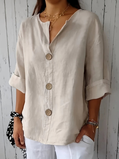 Damen Bluse mit Knopfleiste und 3/4-Ärmeln – Casual Eleganz für Alltag & Büro