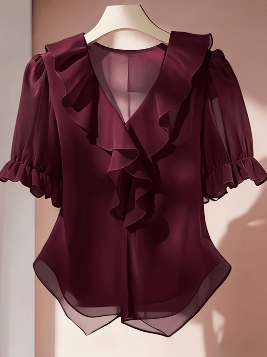 Damen Volant-Bluse mit Rüschen und Puffärmeln – Eleganter, femininer Stil für Büro & Freizeit