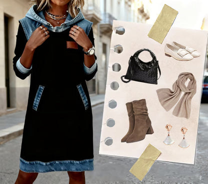 Damen Sweatkleid mit Denim-Details und Kapuze – Lässiges Freizeitkleid im Hoodie-Stil