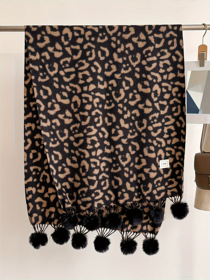 Damen Schal mit Leopardenmuster und Bommeln Weiches Material Animal Print Warmer Umhang