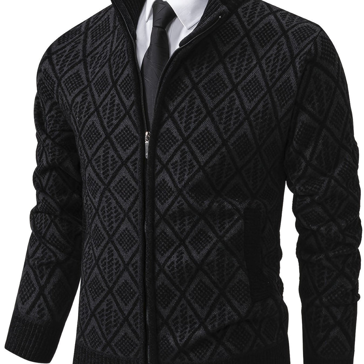 Herren Strickjacke Rautenmuster Stehkragen Reißverschluss Feinstrick Casual