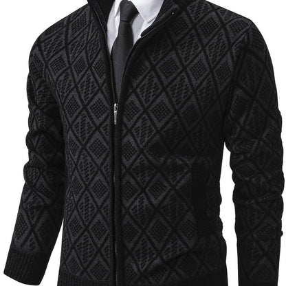 Herren Strickjacke Rautenmuster Stehkragen Reißverschluss Feinstrick Casual