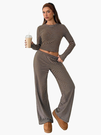 Damen Freizeit Zweiteiler Set – Gestreiftes Langarmshirt und Hose, Bequem & Modisch für Alltag und Lounge