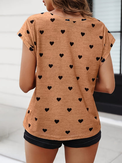 Damen Herzmuster V-Ausschnitt T-Shirt – Modisches Freizeitshirt für Alltag und Sommer