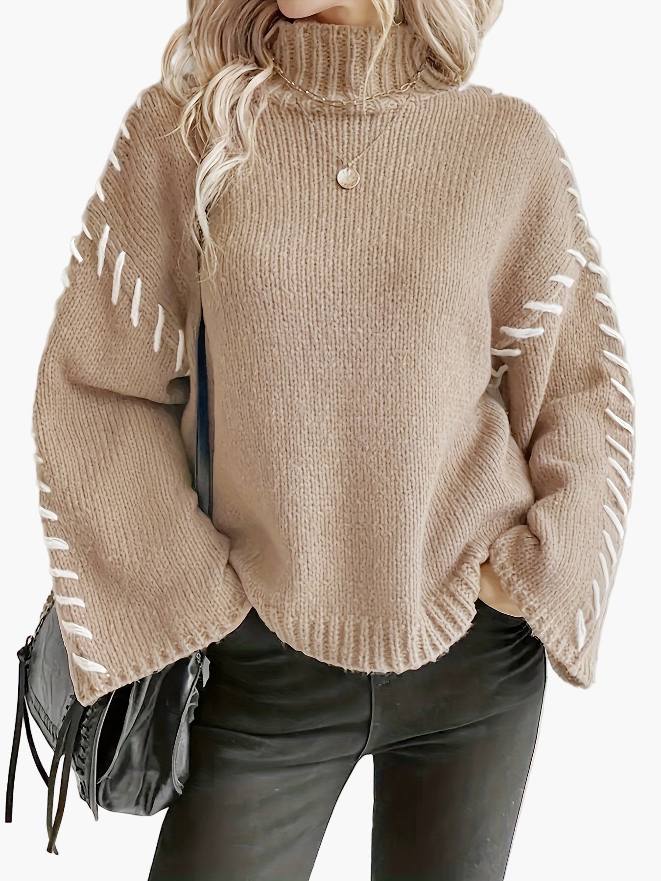 Damen Strickpullover mit weitem Ärmel und Ziernaht – Eleganter Herbst/Winter Pullover mit hohem Kragen