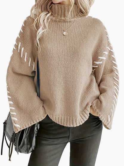 Damen Strickpullover mit weitem Ärmel und Ziernaht – Eleganter Herbst/Winter Pullover mit hohem Kragen