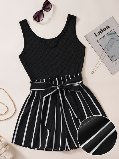Damen Eleganter Jumpsuit mit Streifen und Schleife – Perfekt für Frühling und Sommer