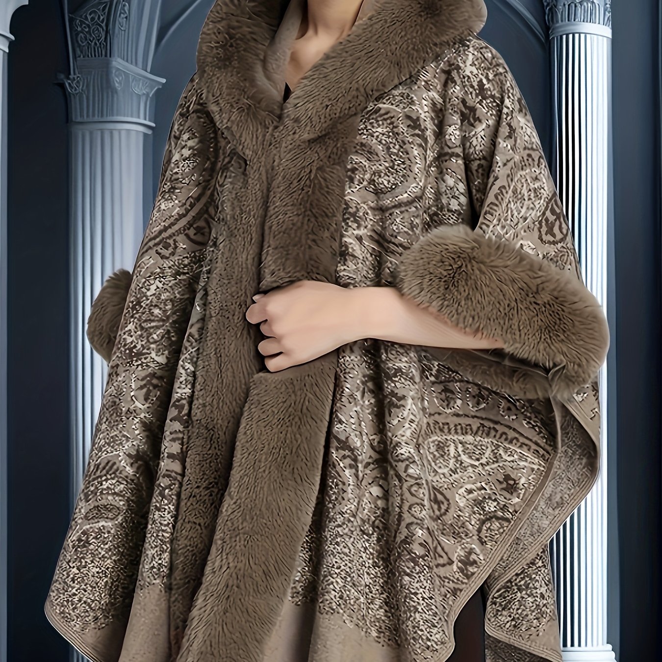 Damen Cape mit Kapuze und Kunstpelzbesatz - Musterbedruckt, Mehrfarbig