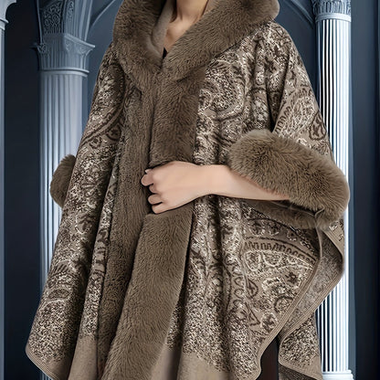 Damen Cape mit Kapuze und Kunstpelzbesatz - Musterbedruckt, Mehrfarbig