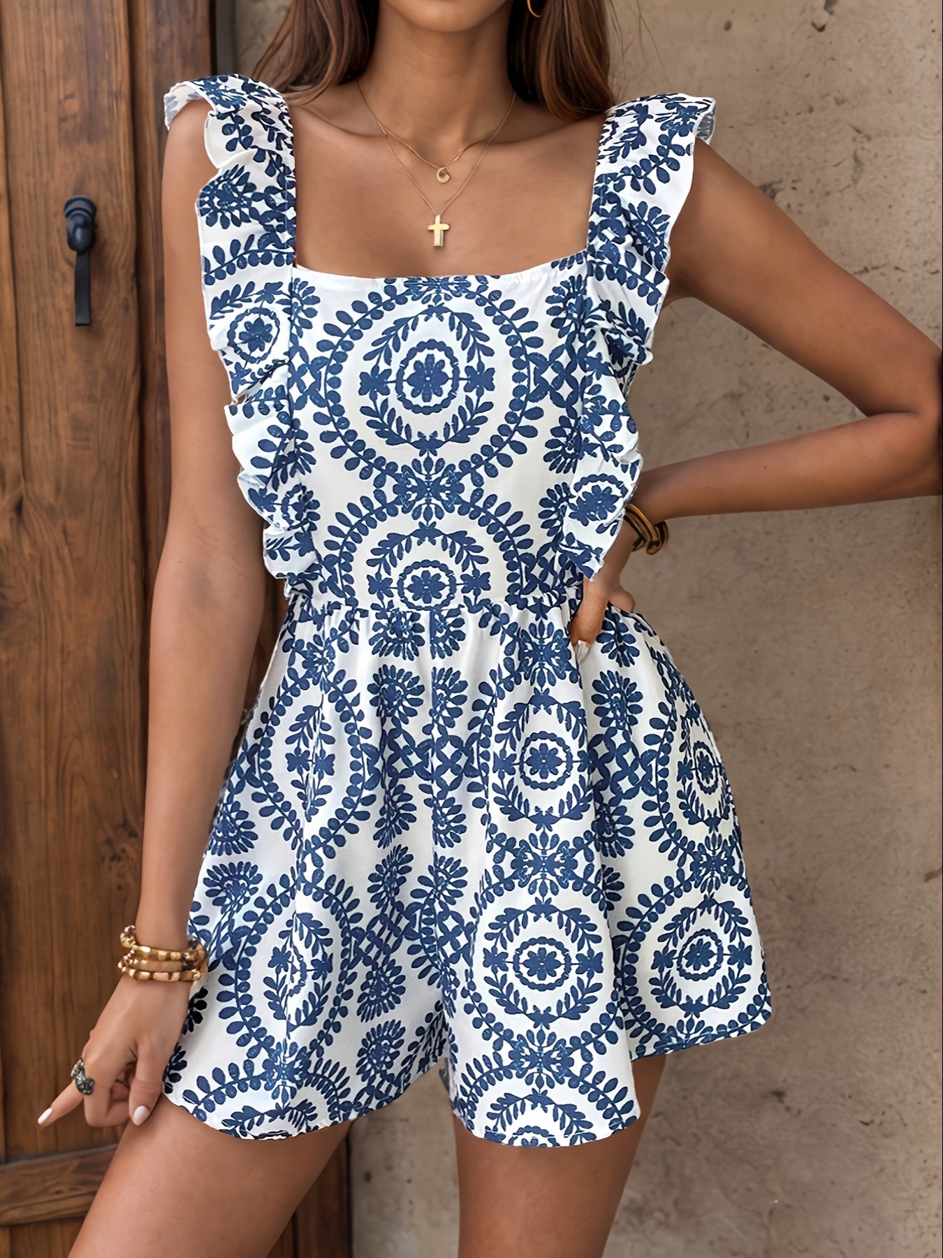 Damen Sommer Jumpsuit Elegant mit Tribal-Muster und Volantärmeln – Perfekt für Freizeit und Urlaub
