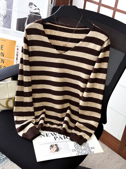 Damen Pullover V-Ausschnitt Gestreift Beige Marineblau Langarm