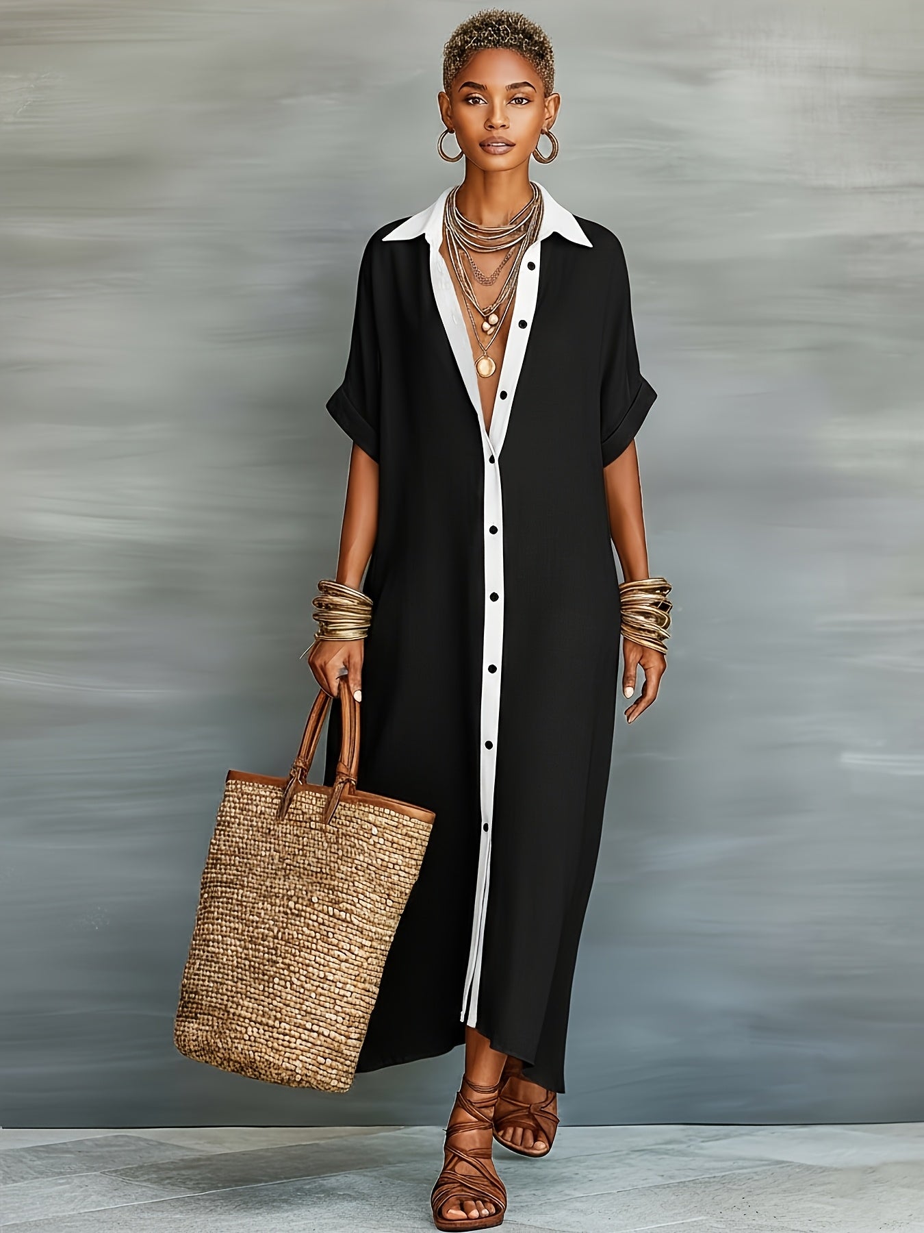 Damen Maxikleid Hemdblusenkleid Elegant Lässig Sommermode