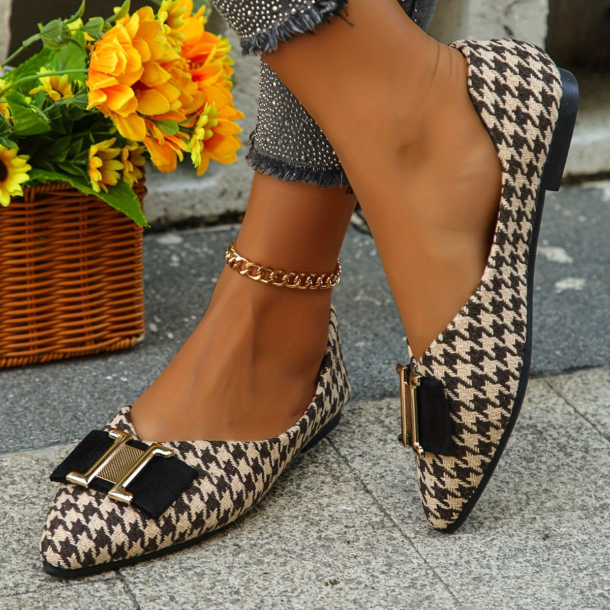 Damen Elegante Houndstooth Ballerinas mit Schleifen-Detail – Modische Flats für Alltag und Büro