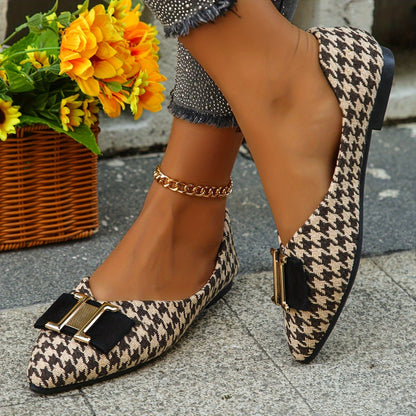 Damen Elegante Houndstooth Ballerinas mit Schleifen-Detail – Modische Flats für Alltag und Büro