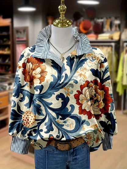 Damen Bluse Langarm Floral Gemustert Kragen Gestreift