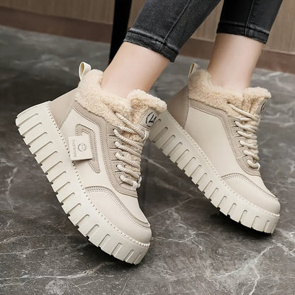Damen Winter Sneaker High-Top mit dicker Sohle und Teddyfutter, Schwarz Beige
