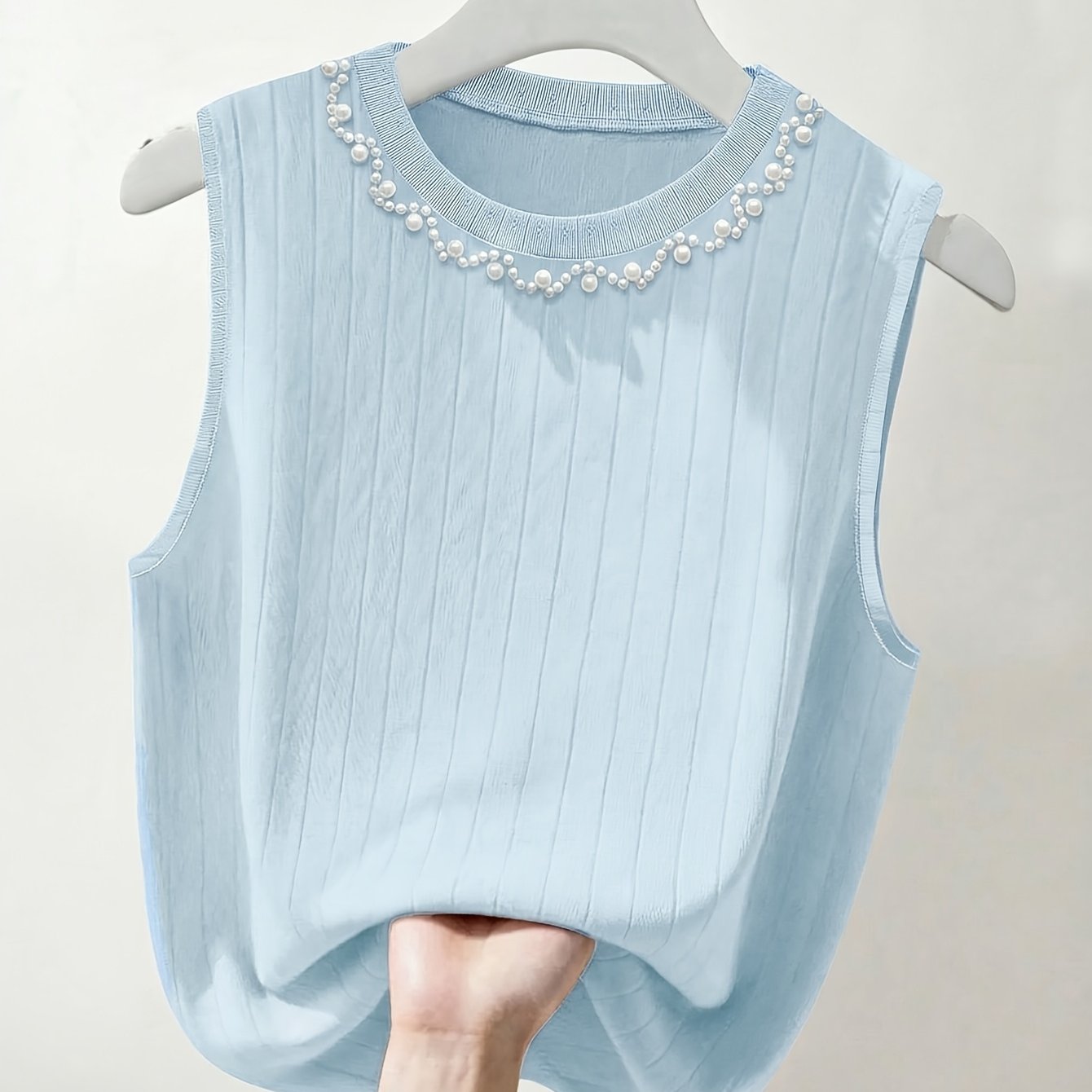 Damen Elegantes Stricktop mit Perlenbesatz – Ärmelloses Oberteil für modische Anlässe