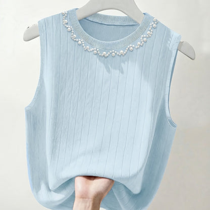 Damen Elegantes Stricktop mit Perlenbesatz – Ärmelloses Oberteil für modische Anlässe