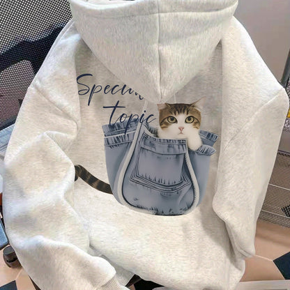 Kapuzenpullover Damen Hellgrau mit Katze in Tasche Print Lockerer Hoodie
