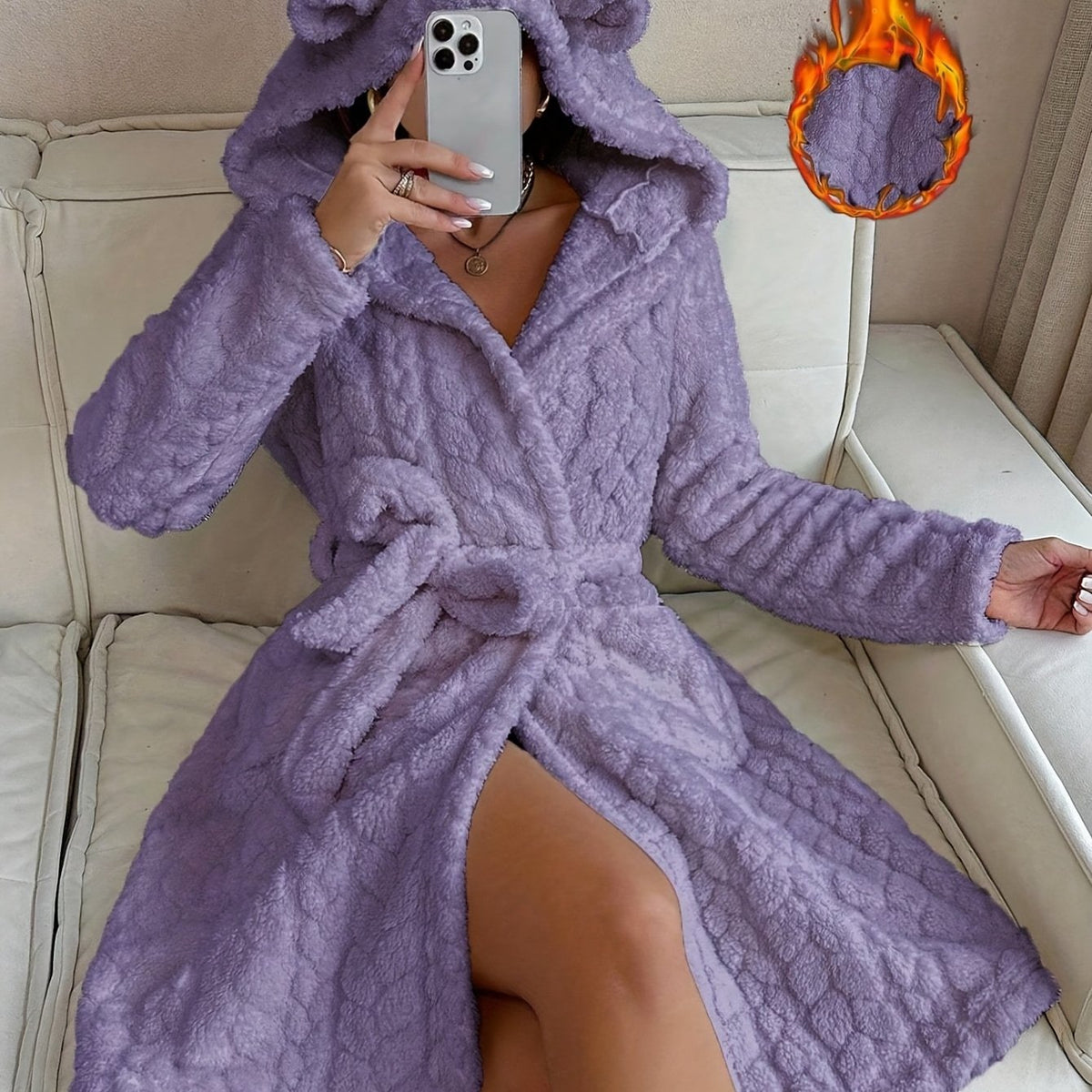 Damen Bademantel Flauschig mit Kapuze & Ohren Bindegürtel Langarm