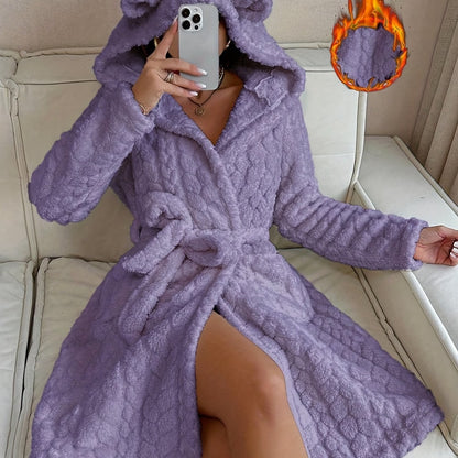 Damen Bademantel Flauschig mit Kapuze & Ohren Bindegürtel Langarm