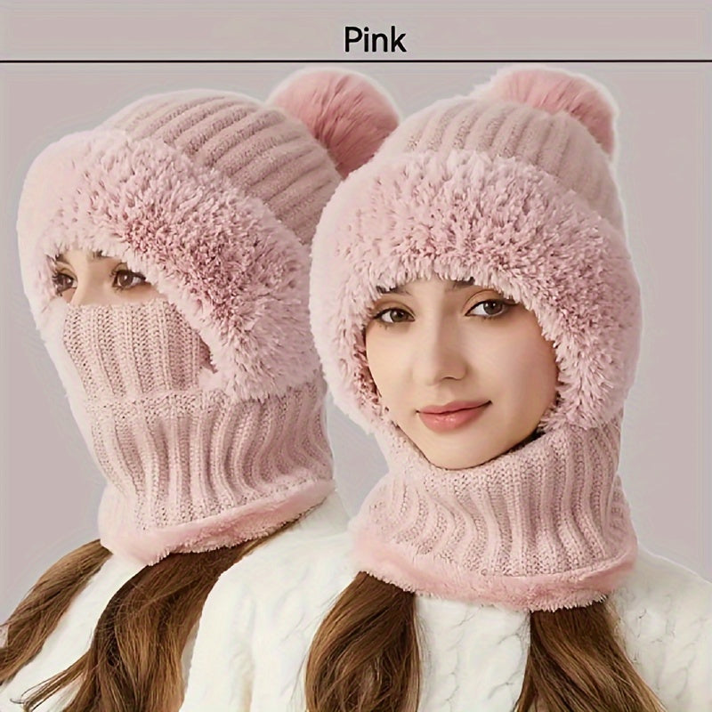 Winter Beanie mit Fleece-Futter und Halswärmer – Gestrickte Mütze mit abnehmbarer Gesichtsmaske, Pompon und Pelzbesatz
