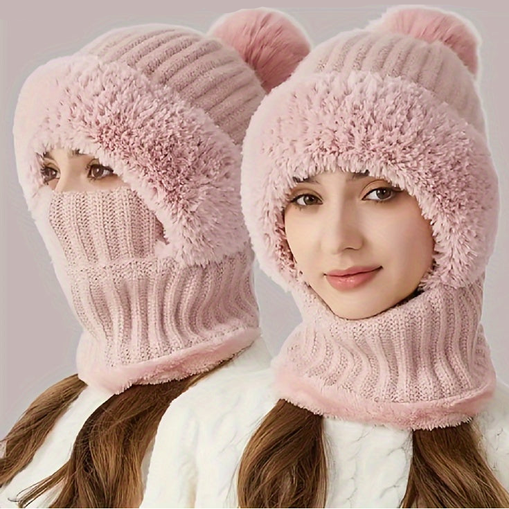 Winter Beanie mit Fleece-Futter und Halswärmer – Gestrickte Mütze mit abnehmbarer Gesichtsmaske, Pompon und Pelzbesatz