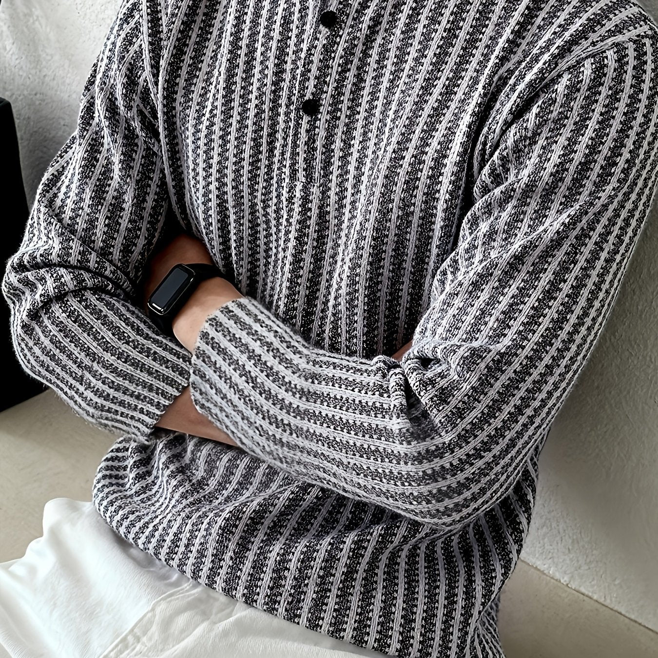 Herren Langarm Henley Shirt mit Streifenmuster – Stilvolles Freizeit- und Business-Oberteil