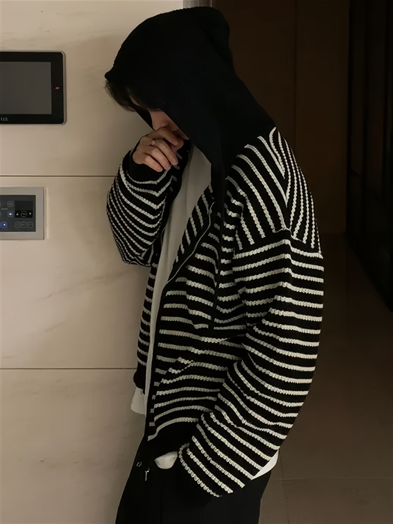 Gestreifter Strick Hoodie Jacke mit Reißverschluss für Herren