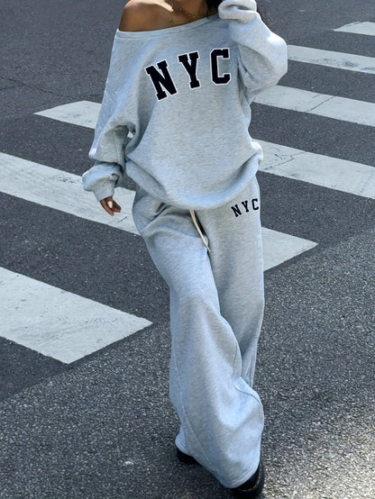 Damen Loungewear Set Grau Off-Shoulder Sweatshirt & Weite Hose NYC Print