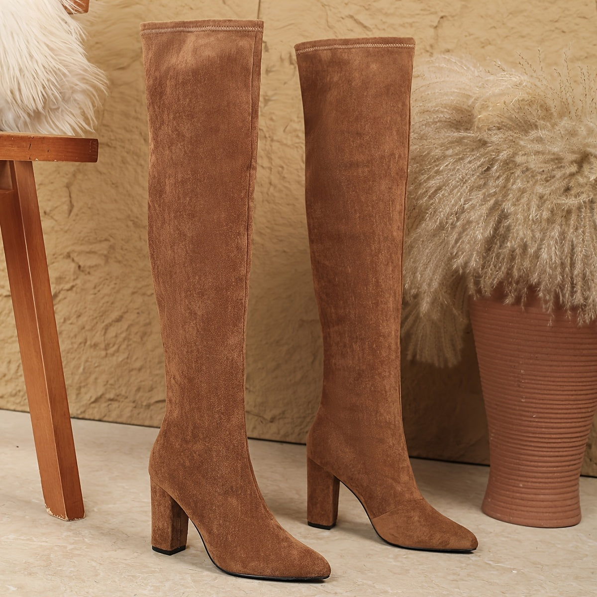 Damen Overknee Stiefel Hellbraun mit Blockabsatz