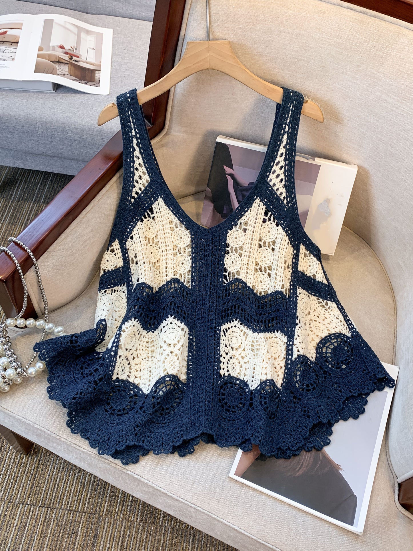 Damen Häkel-Top im Boho-Stil, ärmellos, modisch für Freizeit und Strand