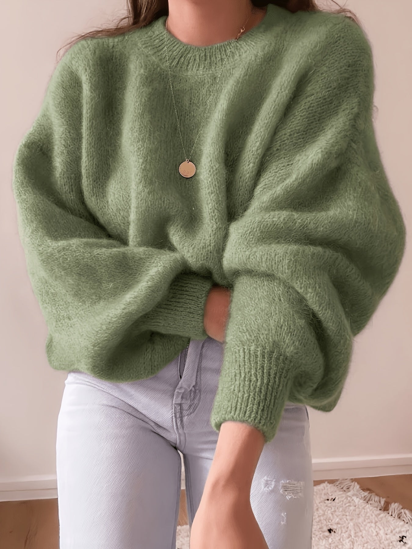 Damen Oversize Pullover Rundhals Weich Strick Langarm