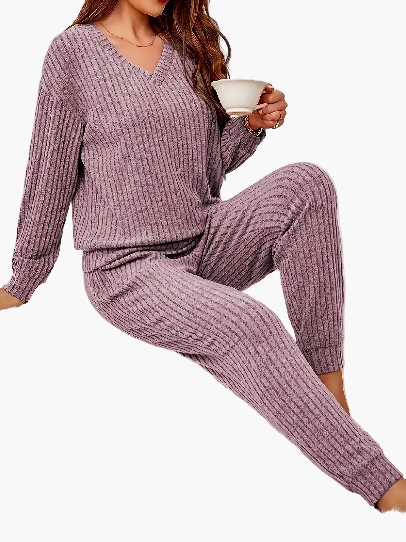 Damen Kuscheliger Zweiteiler Lounge-Set mit Strickmuster – Bequemer Freizeit Hausanzug