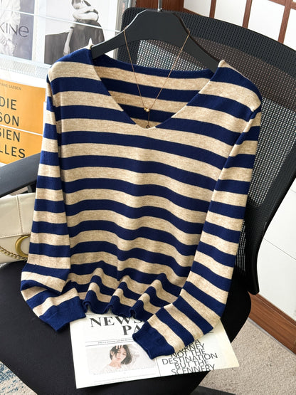 Damen Pullover V-Ausschnitt Gestreift Beige Marineblau Langarm