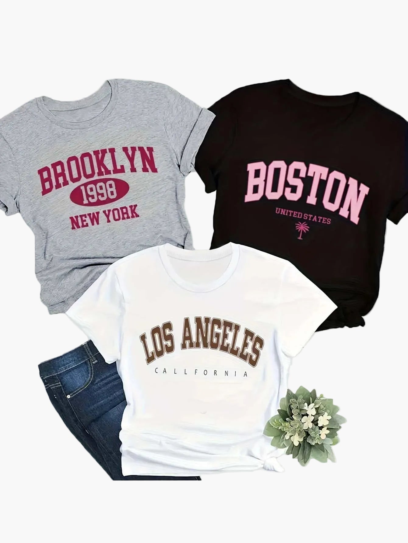 Damen T-Shirt Set im College-Stil mit Städte-Print – Freizeit Retro Look, 3er-Pack