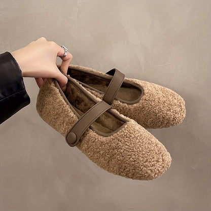 Damen Mary Jane Ballerinas Teddystoff Runder Zeh Flache Schuhe