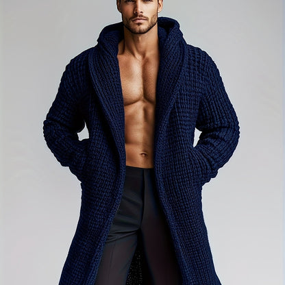 Herren Cardigan Lang Strickpullover Haussweater Dunkelgrau mit Kapuze