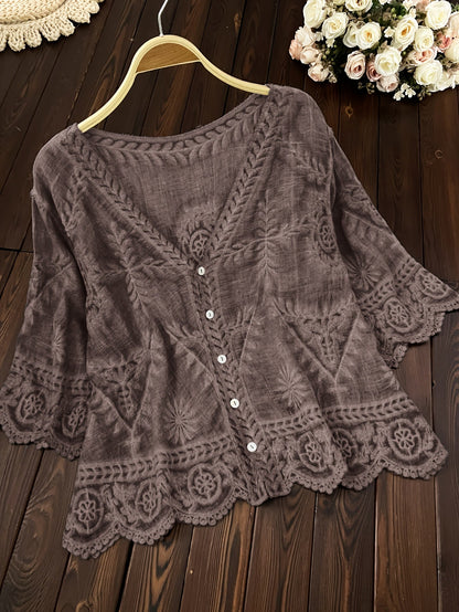 Damen Bluse mit Stickerei und V-Ausschnitt, 3/4-Ärmel, Knopfleiste