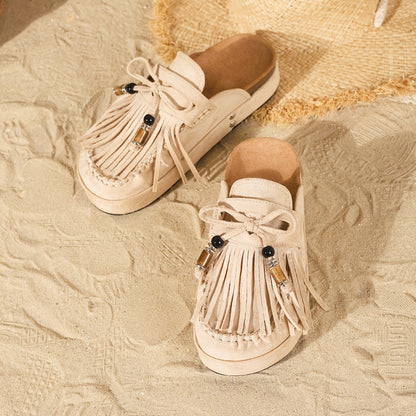 Damen Mokassin-Pantoletten mit Fransen und Perlendekor – Vintage Slipper für Sommer und Freizeit