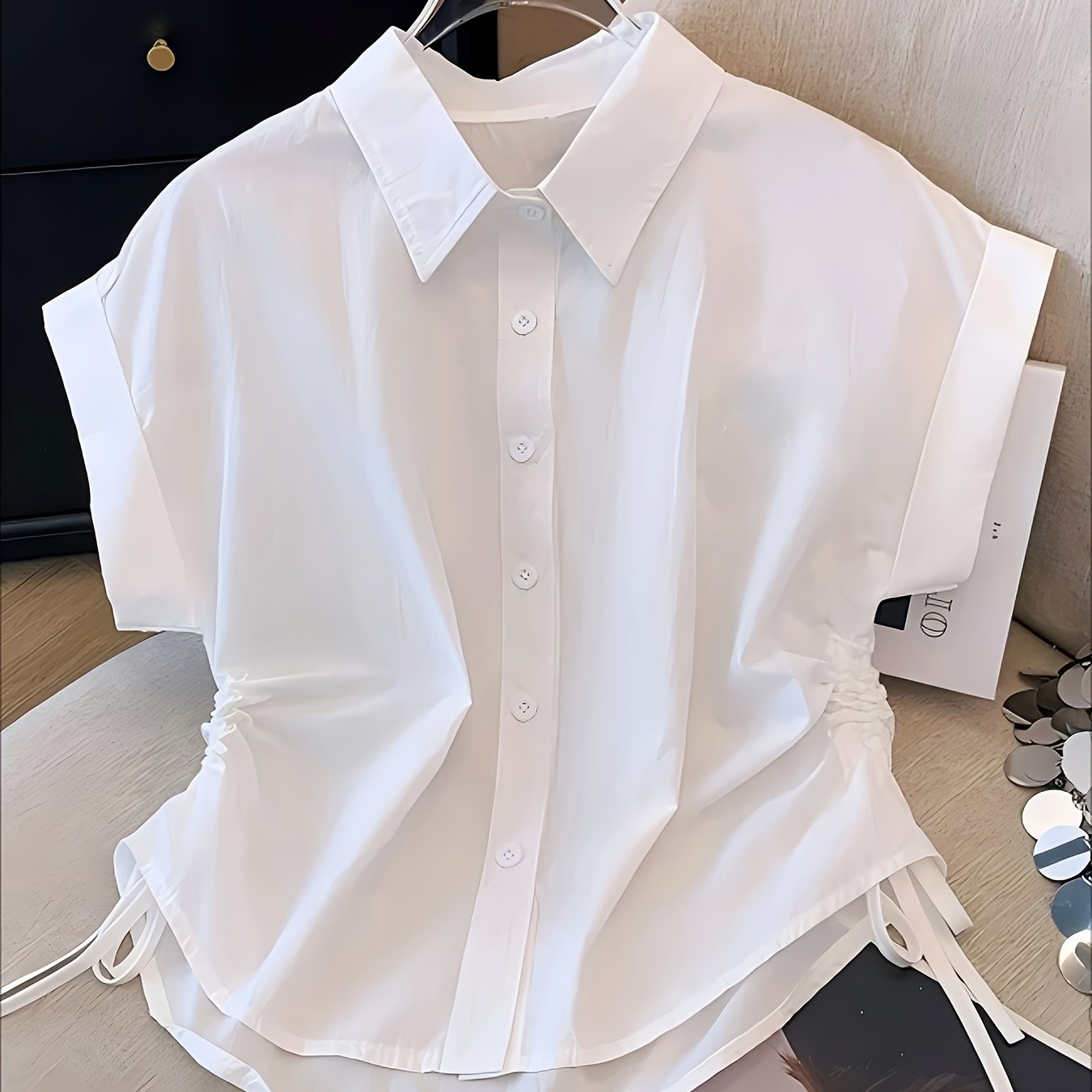 Damen Kurzarm Bluse mit Kordelzug und Hemdkragen – Modisch & Vielseitig