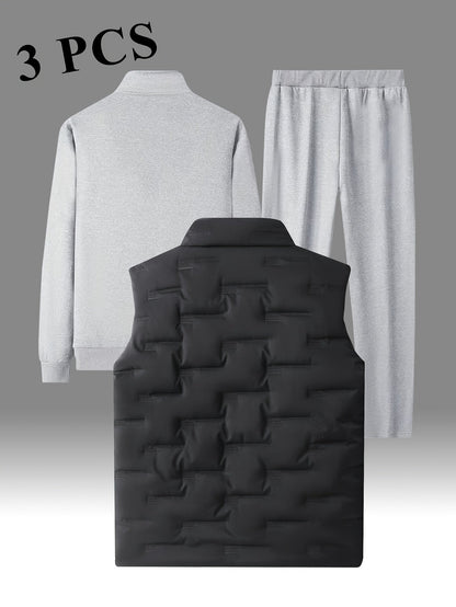 Herren 3-teiliger Sportanzug mit Stehkragen Jacke, Jogginghose & Steppweste